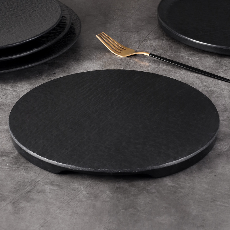 Melamine plates, black imitation porcelain round plates, shallow plates, flat plates, plastic Western-style steak plates, pasta plates, vegetable plates, commercial Specification image