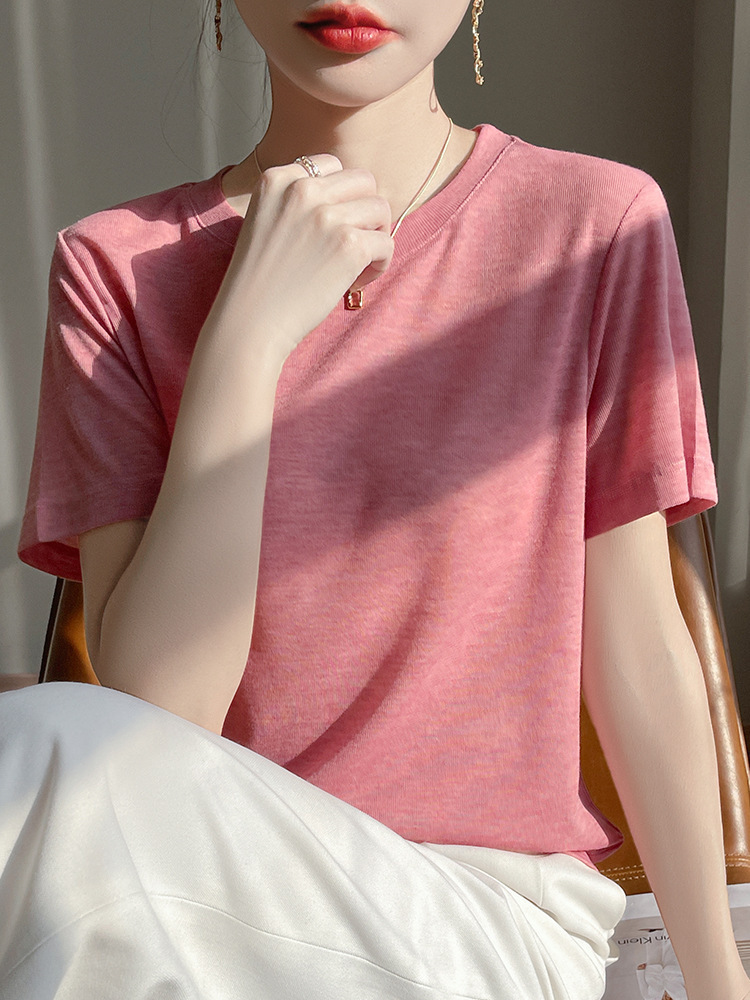 Tencel Lyocell short-sleeved T-shirt for women, round-neck solid color casual and elegant top, half-sleeved base, factory wholesale women's clothing Item Picture