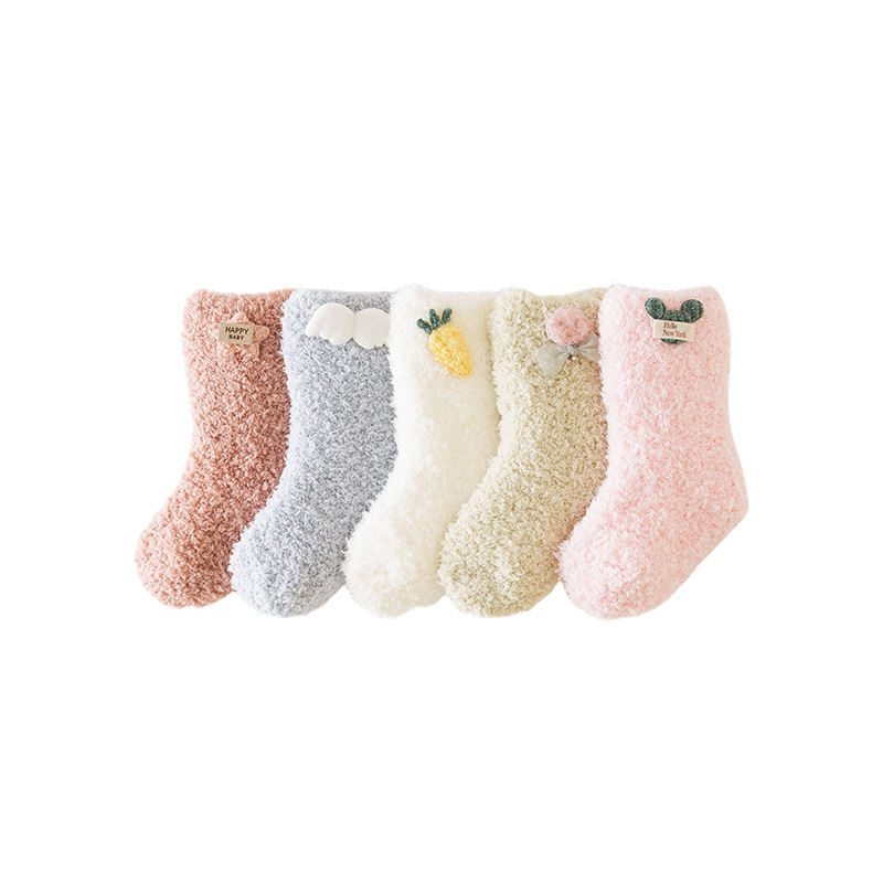 Baby half-fleece mid-calf socks, winter fleece thickened floor socks, warm infant cartoon coral fleece children's socks Item Picture