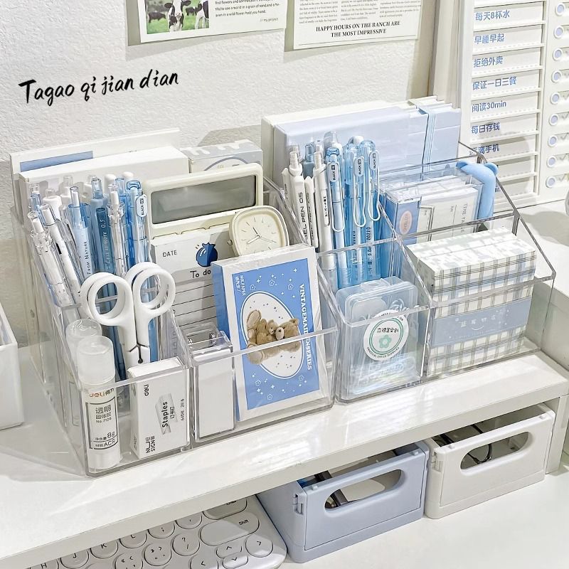Transparent five-compartment acrylic pen holder, ins high appearance level storage box, desk storage, square plastic pen holder storage details Picture