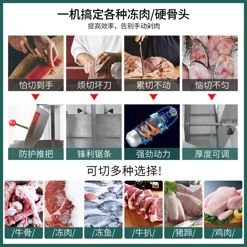 Cross-mirror commercial bone sawing machine, table-type electric frozen meat and pork rib cutting machine, canteen catering meat processing equipment manufacturer Specification image