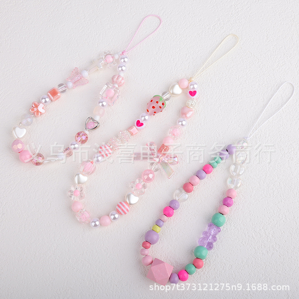 New pink bow strawberry phone chain, pearl heart letter beaded phone keychain bag, hanging baby chain details Picture