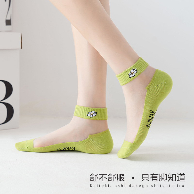 Women's socks, small Daisy summer thin all-cotton soled crystal socks, ins trendy spring and autumn transparent invisible short socks Specification image