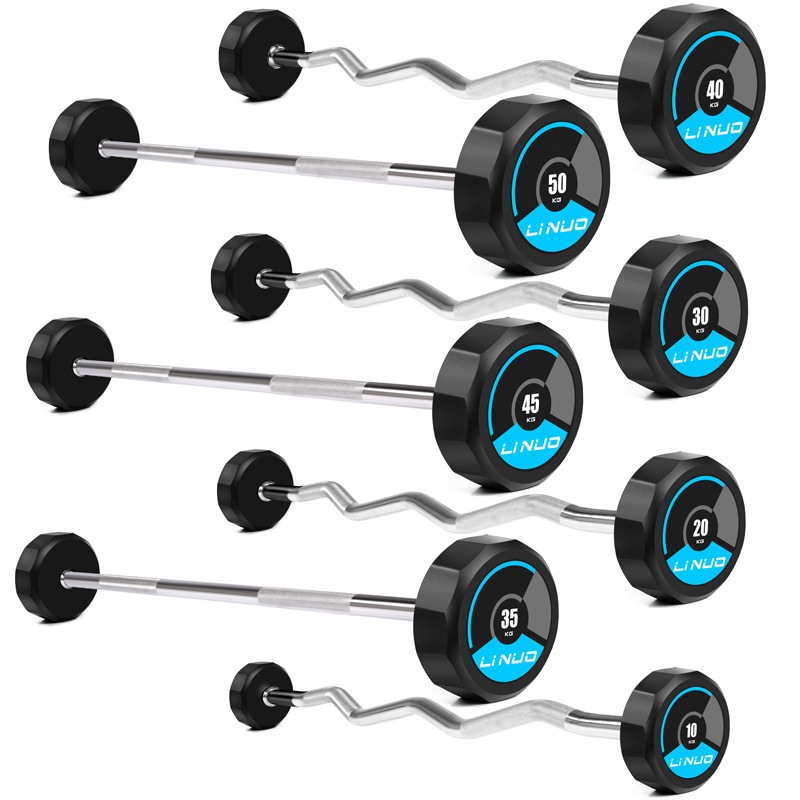 Fixed barbell gym, men's fitness, commercial weightlifting barbell rack, home squat curved bar, rubber-coated barbell set details Picture