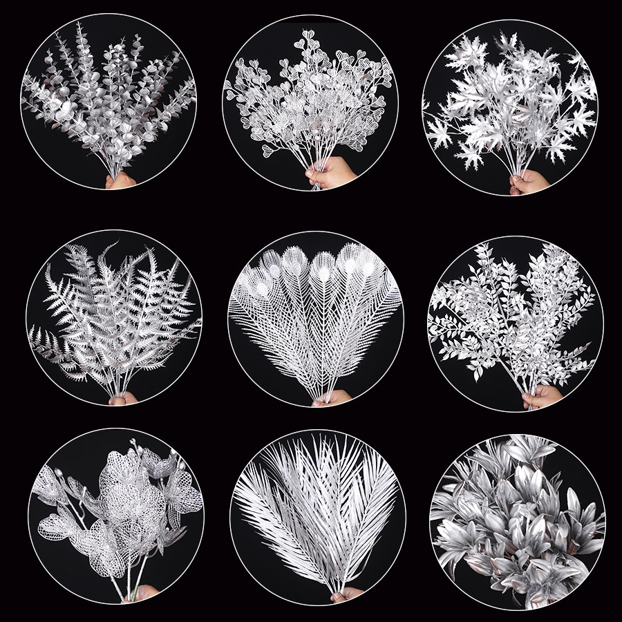 银色仿真花年宵花银色尤加利银色叶子银杏叶假花福桶插花新年摆件