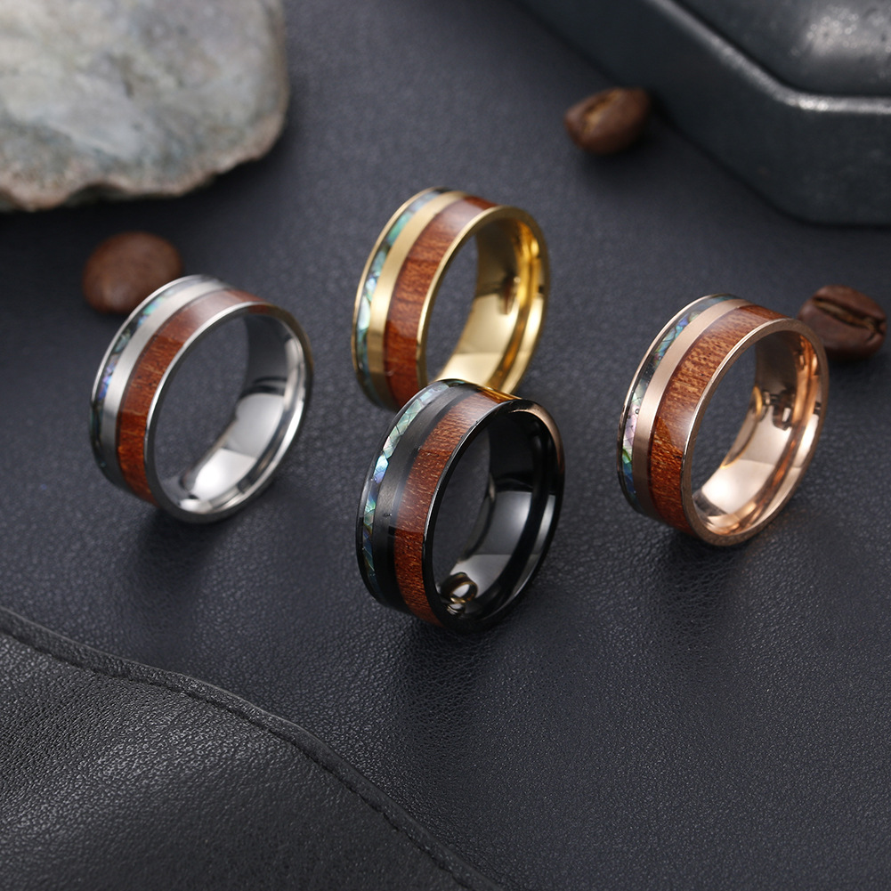 Cross-border best-selling 9MM wide acacia wood and abalone shell men's titanium steel ring, standard US size jewelry wholesale details Picture