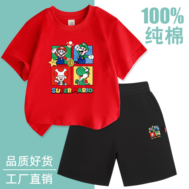 现货跨境专供外贸男童套装夏装儿童洋气时髦运动服短袖t恤两件装