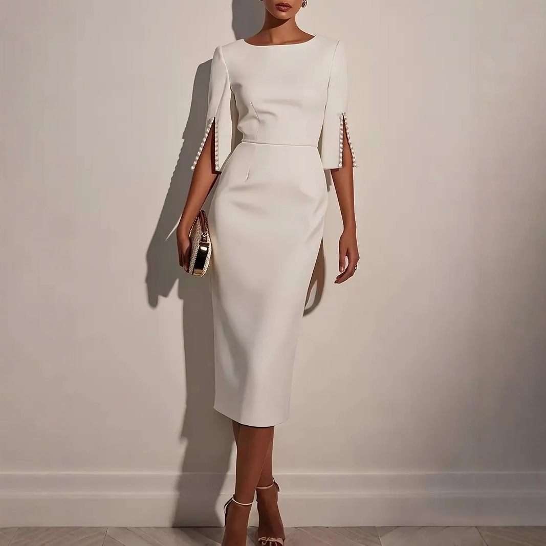 2026 New European and American Amazon Cross-border Spring/Summer solid-color commuter beaded slim and elegant women's dress details Picture