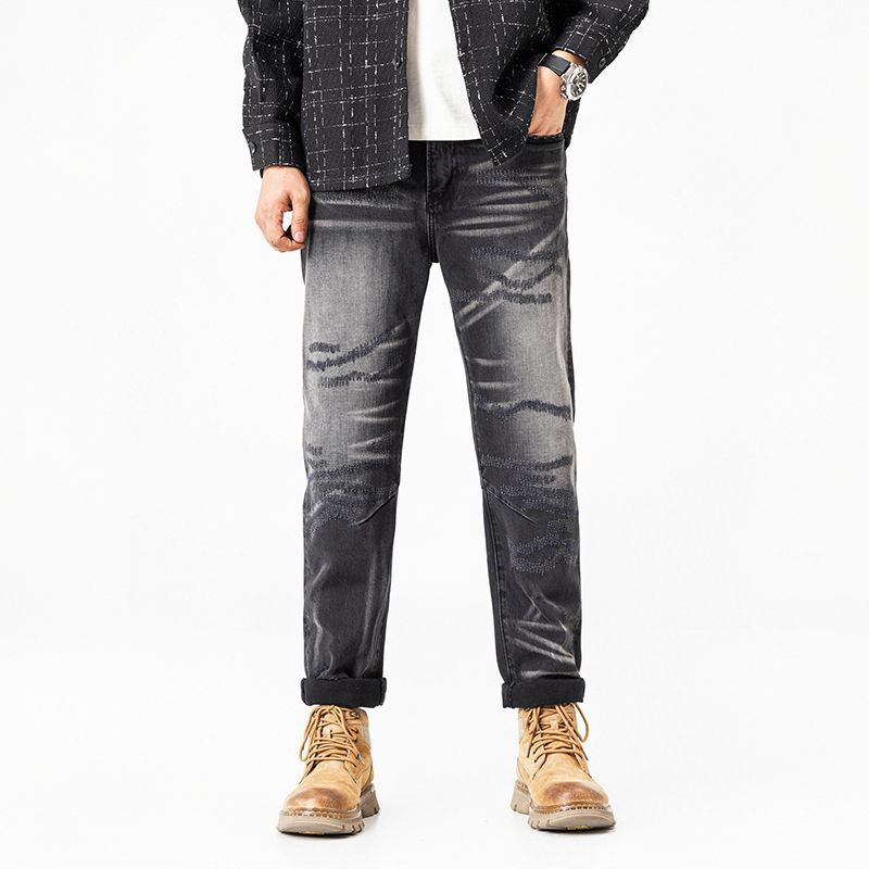 美式复古刮烂牛仔裤男秋季新款修身弹力直筒长裤重磅水洗帅潮