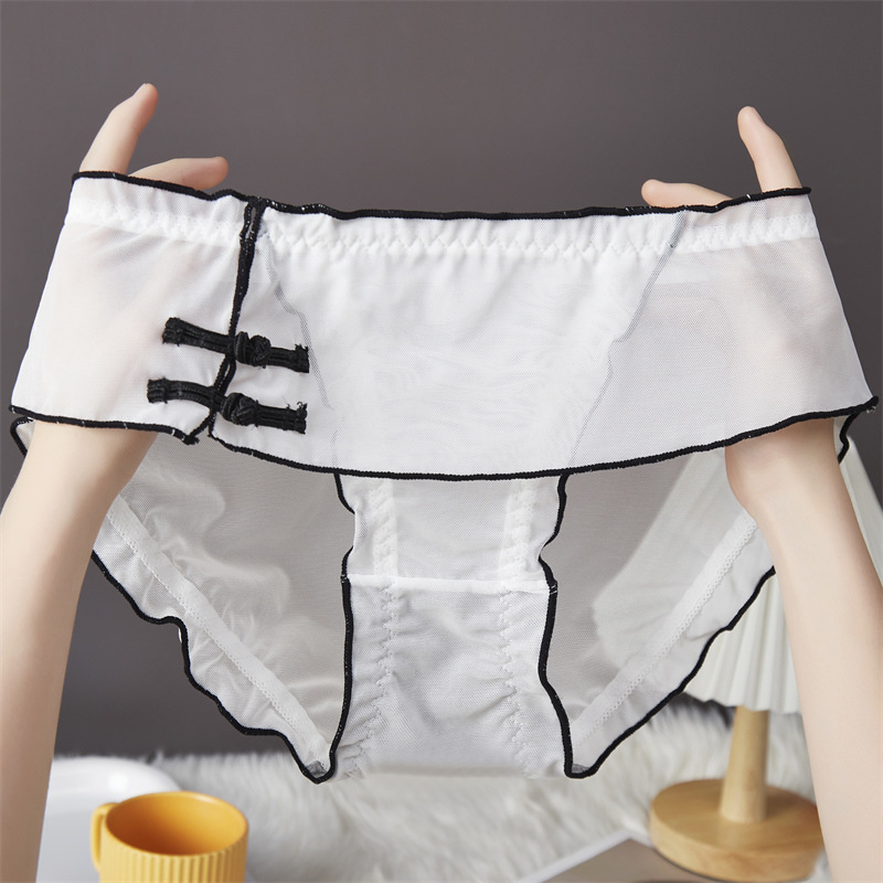 Trendy Chinese-style women's comfortable and sexy underwear, delicate mesh fabric, fashionable and elegant one-button mid-waist underwear for women 7617 details Picture