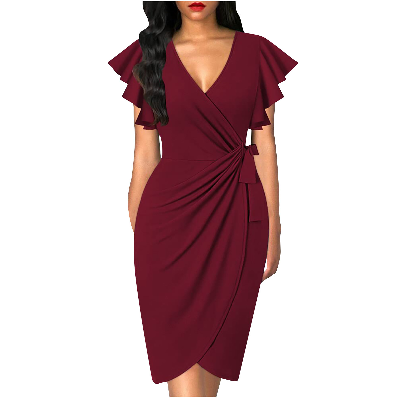 In 2023, a sweet and elegant style of cross-border foreign trade between Europe and America, a twisted, figure-hugging, waist-cinching, pleated solid color dress for women details Picture