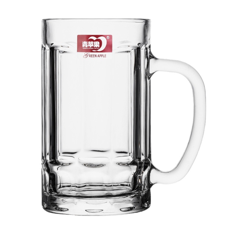 Large, thickened green apple glass cup with handle, beer mug without lid, gift for tea house, ktv and bar, printed logo Item Picture