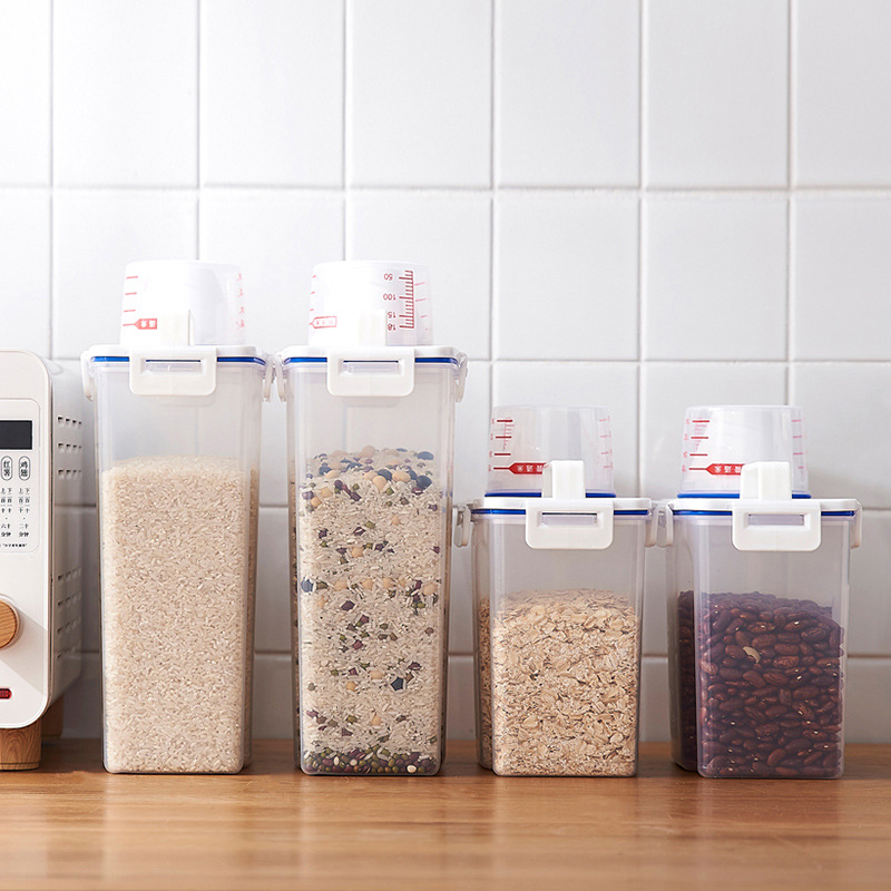 Factory direct sales of portable rice buckets with measuring cups, transparent anti-insect and moisture-proof kitchen storage jars, and sealed jars for grains and cereals
