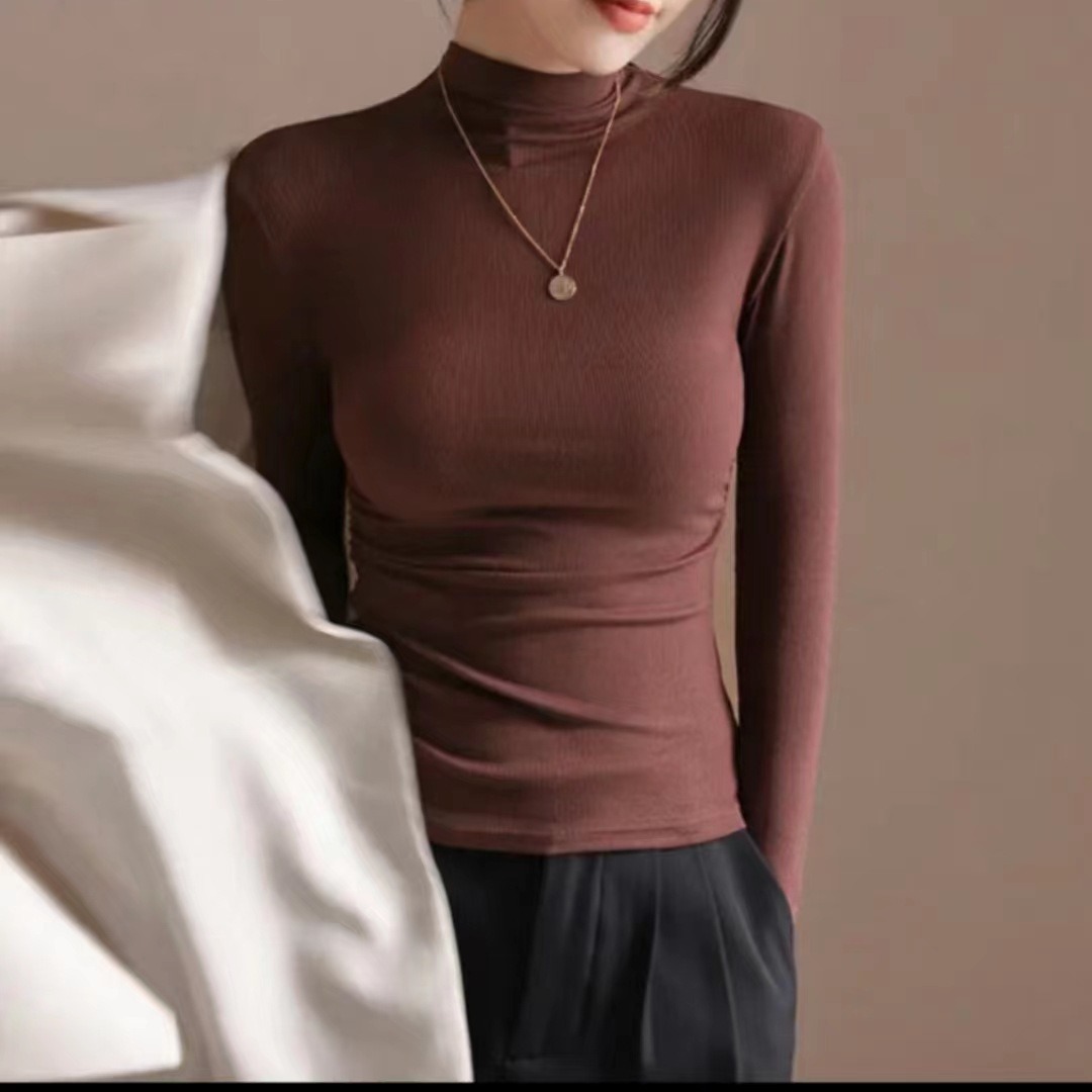This autumn and winter internet-famous semi-high neck pleated thickened warm long-sleeved T-shirt is a versatile and well-matched long-sleeved base layer for women. It is of high quality Specification image