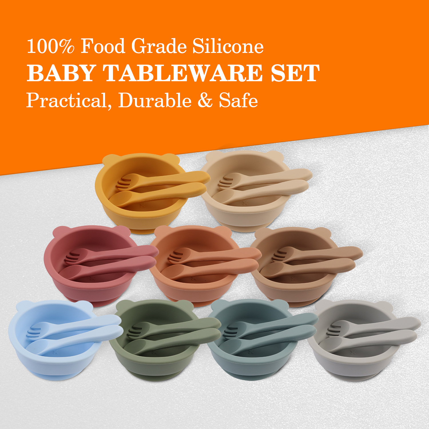 Baby silicone complementary food bowl, fork and spoon set, suction cup type children's easy-to-wash feeding tableware manufacturer wholesale, cute cartoon Application Scenario