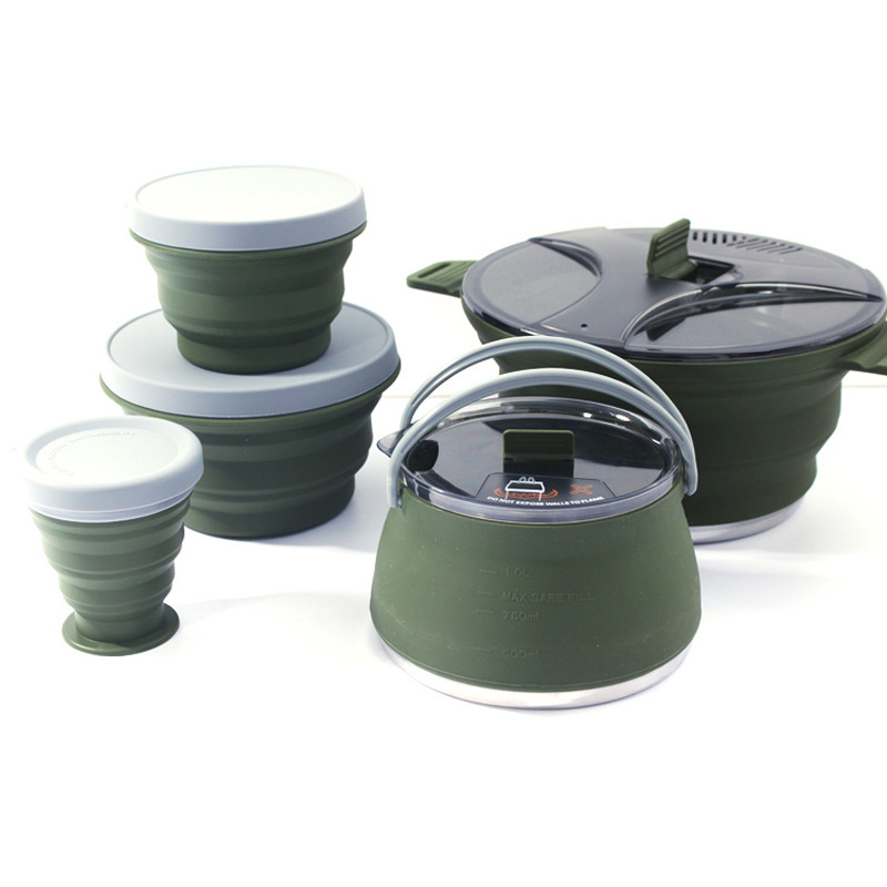 Green folding pot, telescopic fork, stainless steel tableware, children's camping bowl, outdoor products Item Picture