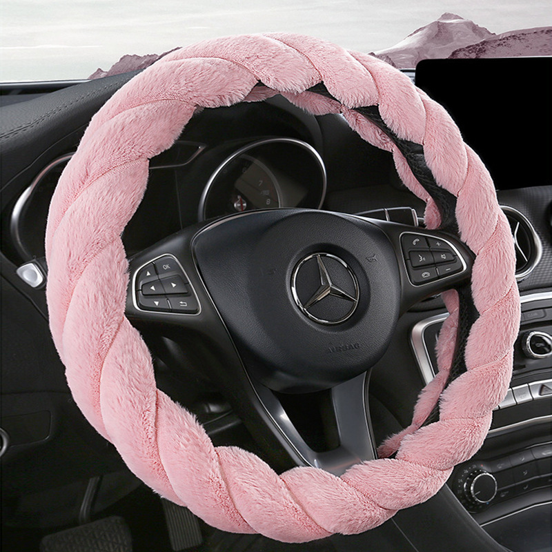麻花毛绒方向盘套冬季女卡通可爱短毛绒汽车通用保暖把套圆形D形                              