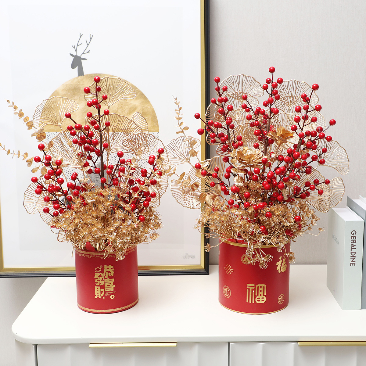 高端仿真发财红果新年节庆福桶家居装饰道具摆件花套装年宵花批发