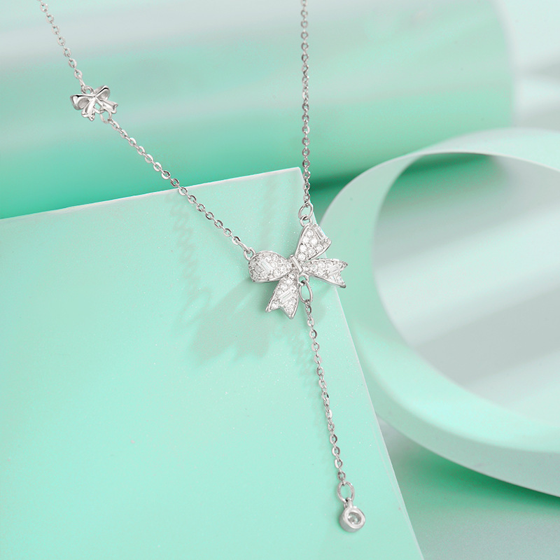 925 silver necklace, women's niche national trend, full diamond tassels, elegant and individual, bow pendant, collarbone chain accessory wholesale Specification drawing