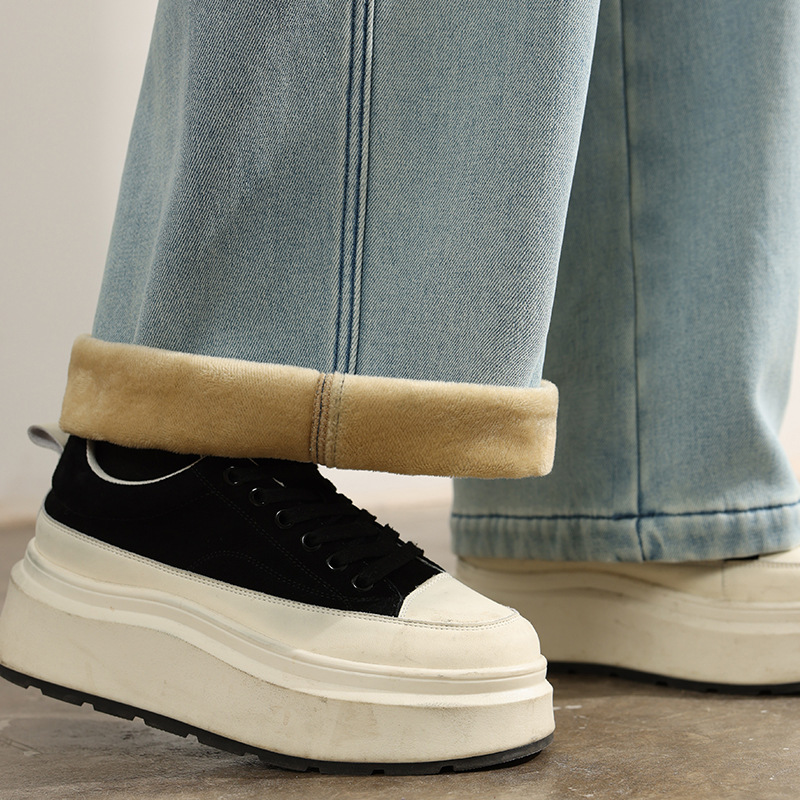 Factory direct sales of new winter fleece and thickened soft jeans for women, retro light blue patchwork loose casual sickle pants Specification image