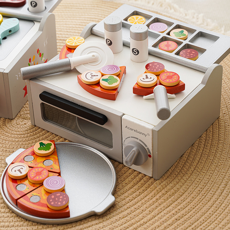 Wooden children's microwave oven, oven, baking toy, simulation kitchen, house play, parent-child interactive toy kitchen details Picture