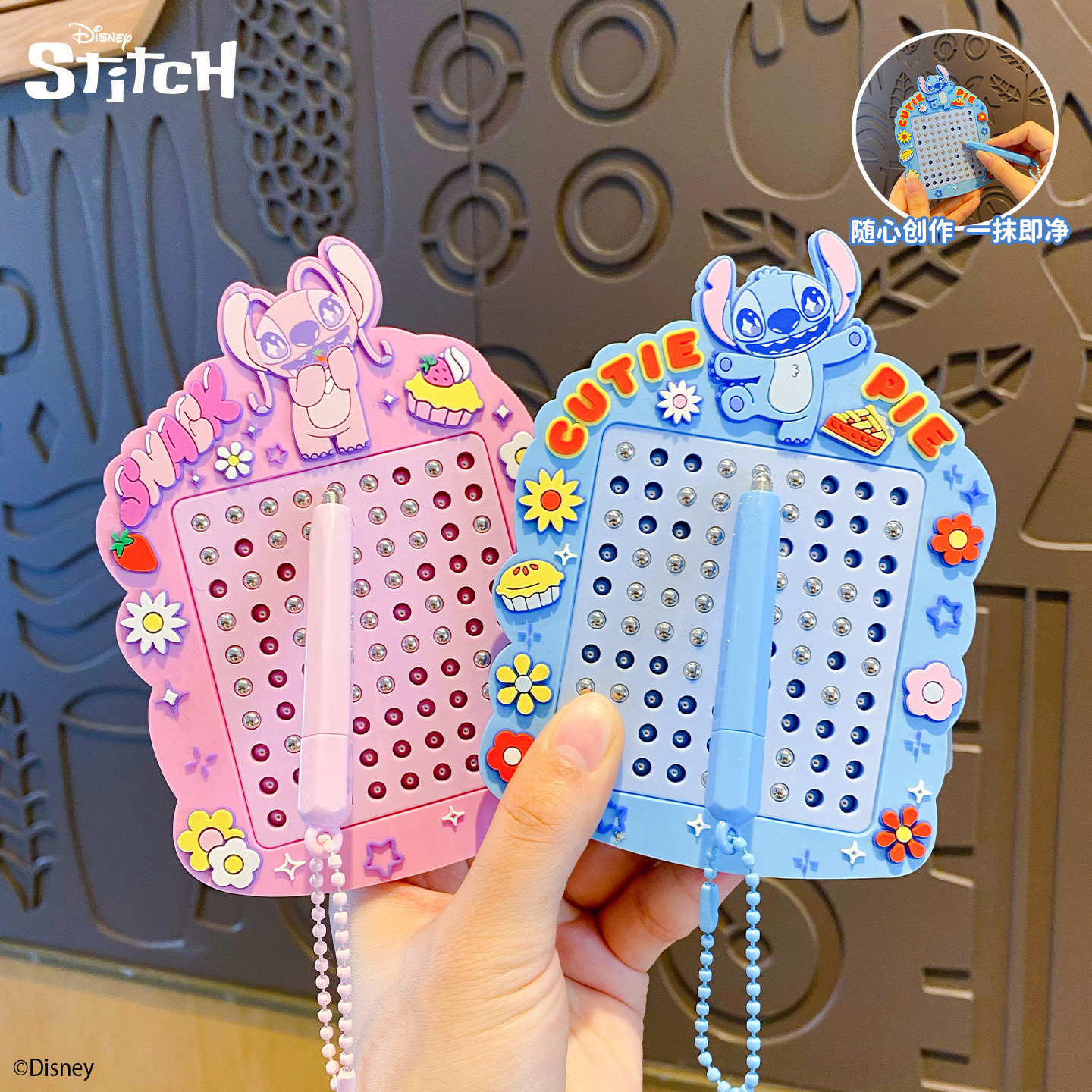 Genuino stitch deprensado llavero adorable arco cuentas de acero drawing board colgante divertido juguetes para niños bolsa colgante decoración