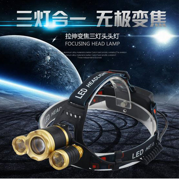 Cross-border 5-lamp burst zoom 3LED charging strong light head lamp charging T6 focusing aircraft lamp head-mounted aircraft headlight Specification image