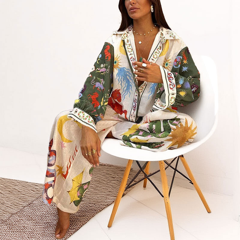 2026 Cross-border European and American women's Clothing Spring New Style Personalized Graffiti Casual Lapel Shirt Long-sleeved Fashion Set full figure