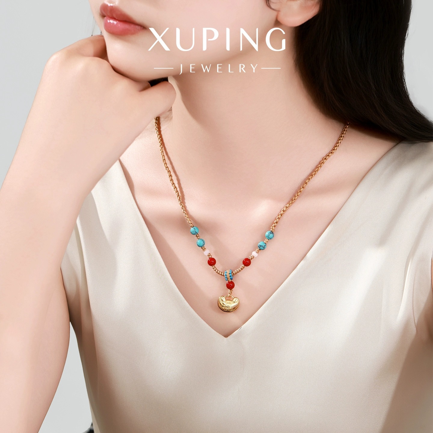 Xu Ping hand-woven pull-out adjustable necklace, colorful beaded stainless steel imitation gold ingot woven rope necklace for women details Picture