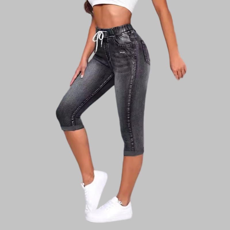 跨境欧美热销女装牛仔裤女士高弹松紧腰抽绳高腰性感破洞牛仔裤细节图