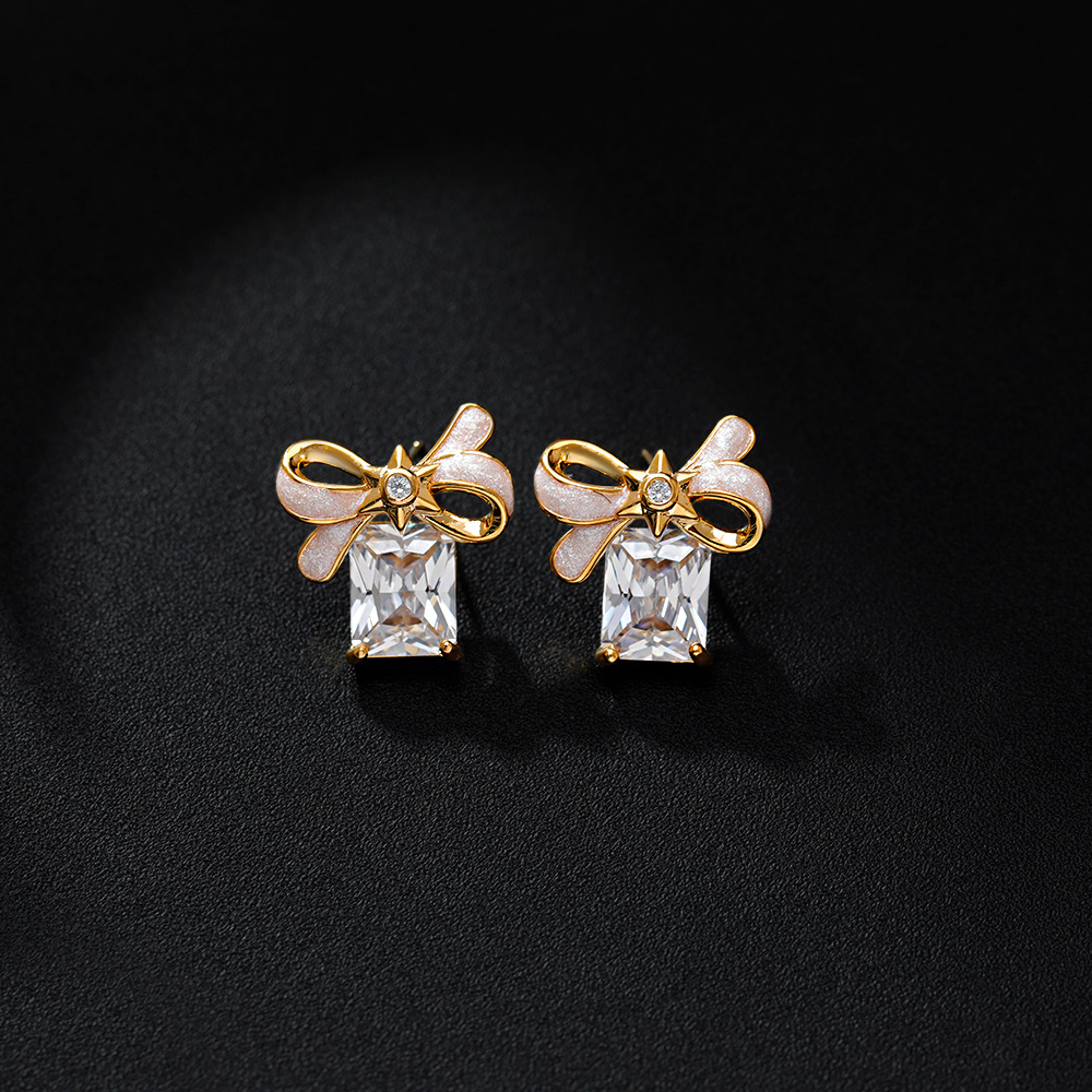 Hyacinto moda luz extravagancia superflash geometría circonitas pendientes esmalte goteado aceite blanco nacarado arco orejas 2025 nuevo tidal Application Scenario