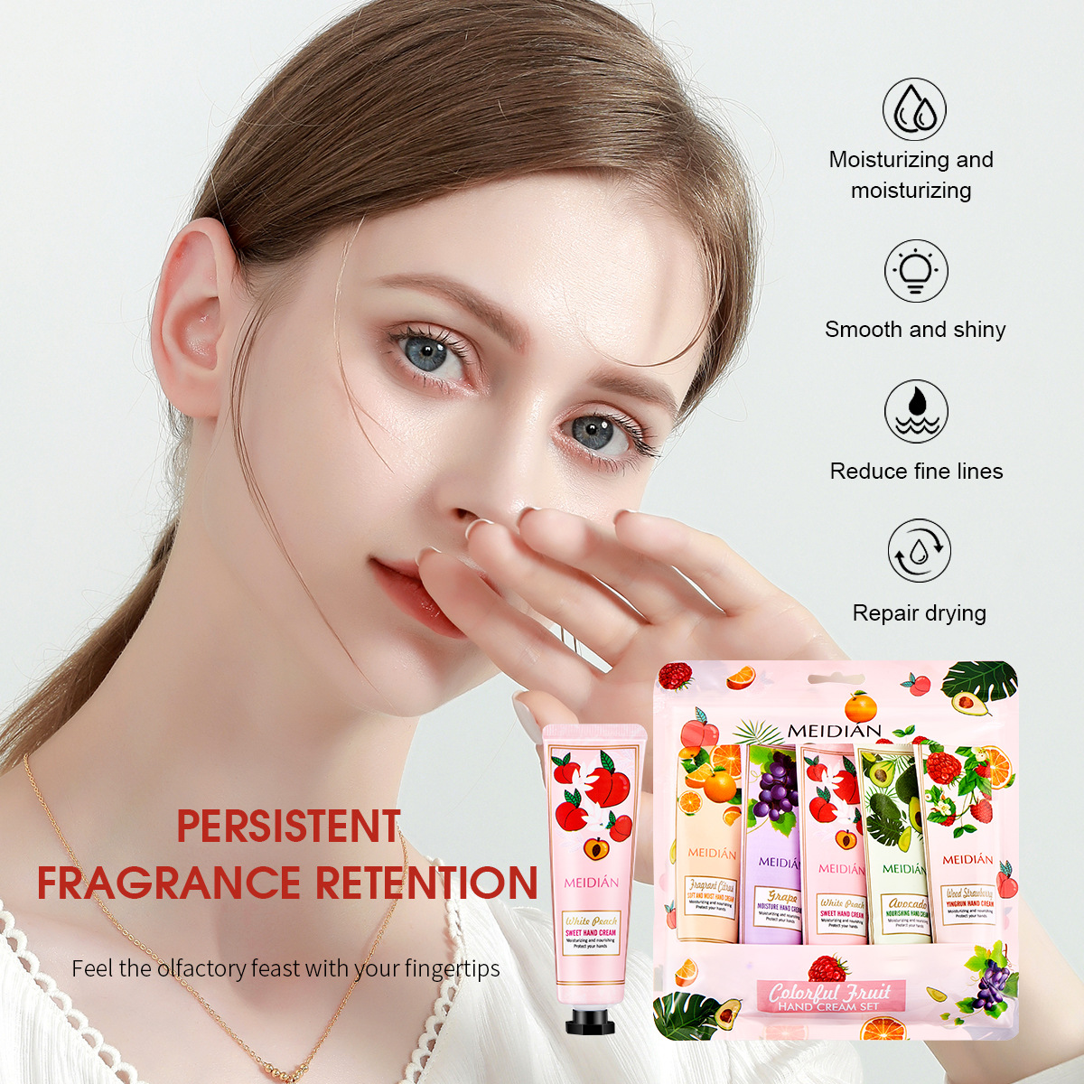 【 Exclusive for Foreign Trade 】 Wholesale of 5-bottle Set of Meidian Fruit Fragrance Hand Cream Moisturizing and Anti-Cracking Hand Cream Specification image