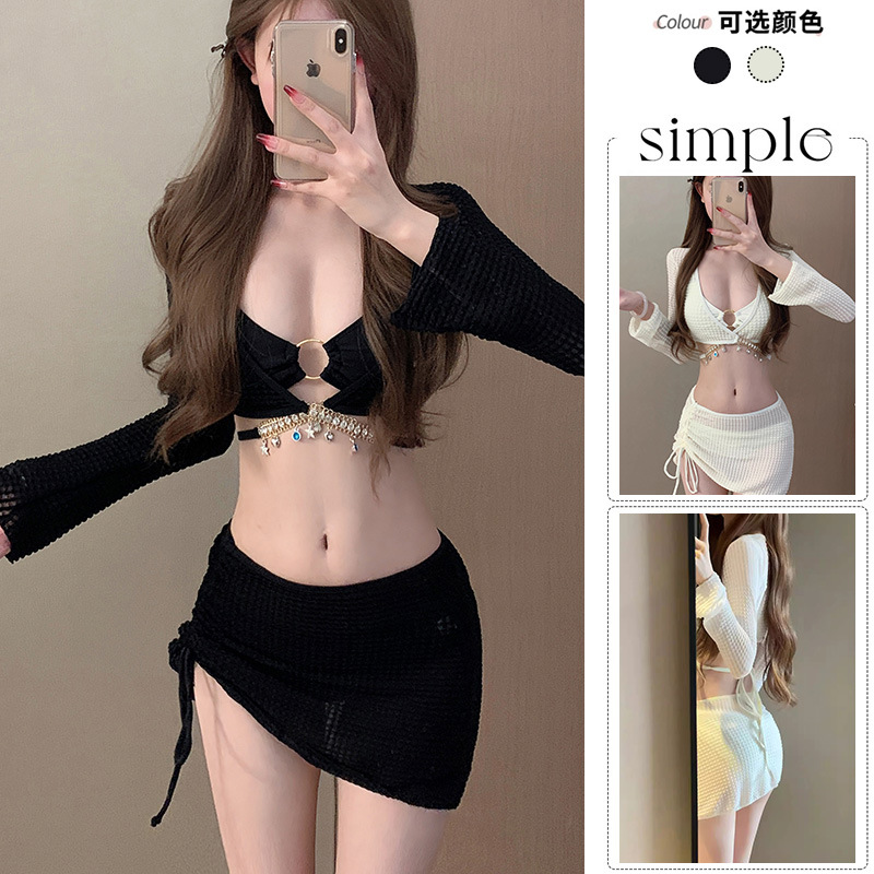 跨境游泳衣女高级感比基尼四件套bikini性感长袖防晒温泉泳装外贸-125013