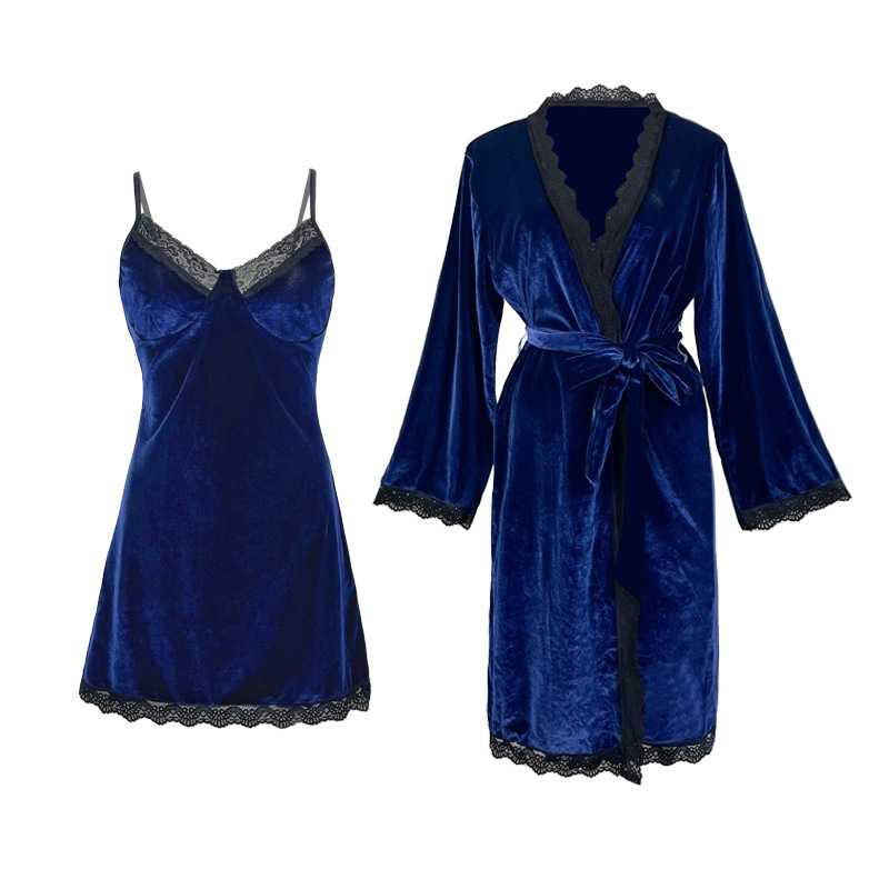 Feiyun's new cross-border velvet casual halter nightdress, lace sexy backless outerwear for women's home wear set 323 Item Picture