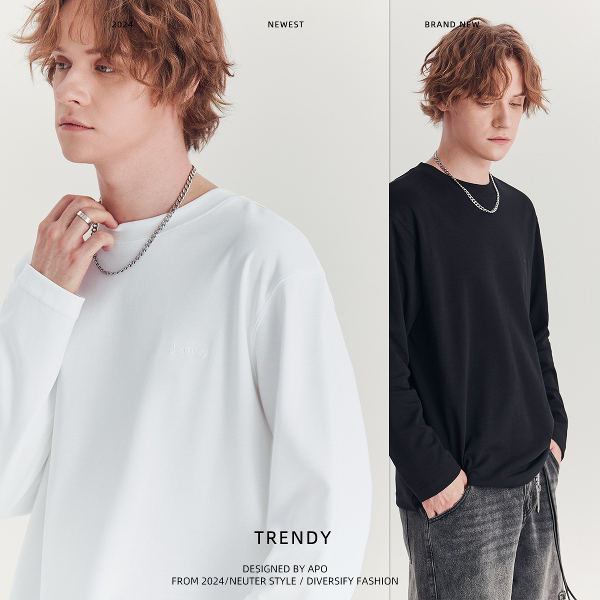 APO Men's Wear: Autumn and winter long-sleeved T-shirts, a trendy men's brand. Loose round-neck printed embroidered base layer with an inner top details Picture