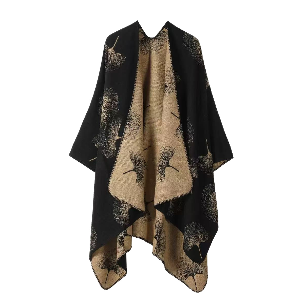 One-piece consignment of new ginkgo leaf slit shawl for women, autumn and winter warm cape, ethnic style outerwear, double-sided high-end cape wholesale at street stall Item Picture