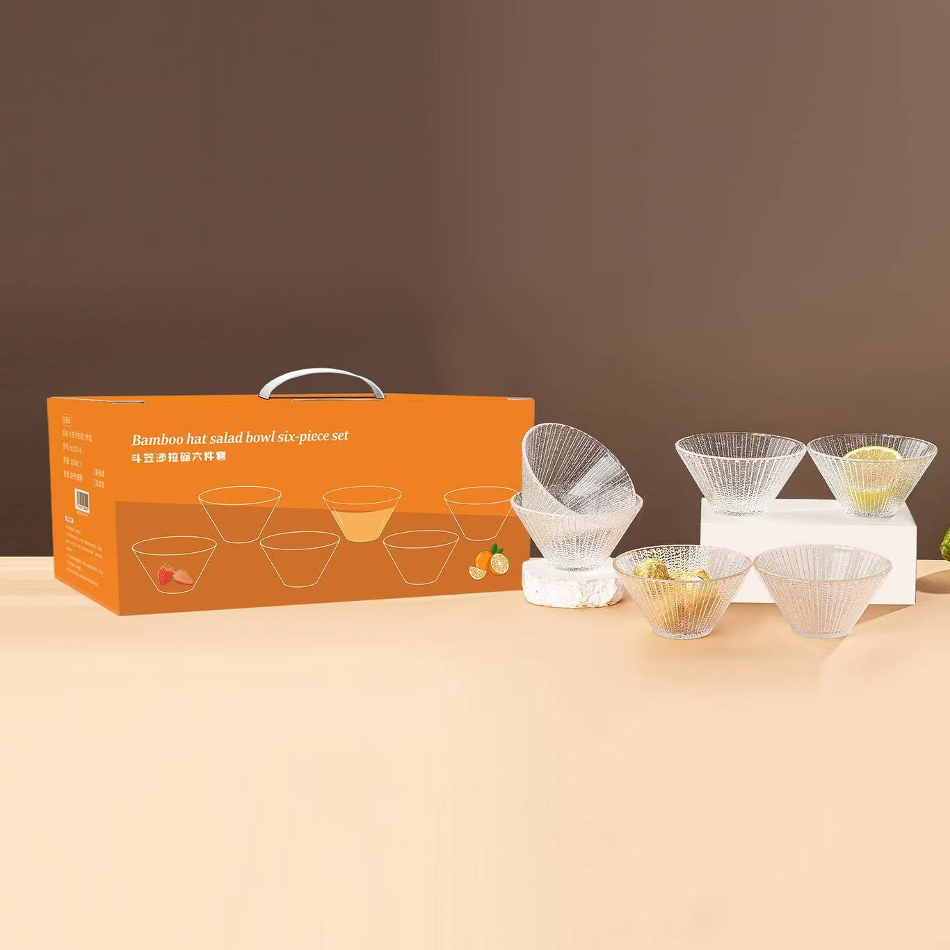 High appearance level bamboo hat glass bowl six-piece set, home salad bowl set, event opening gift, casual gift, promotional gift details Picture