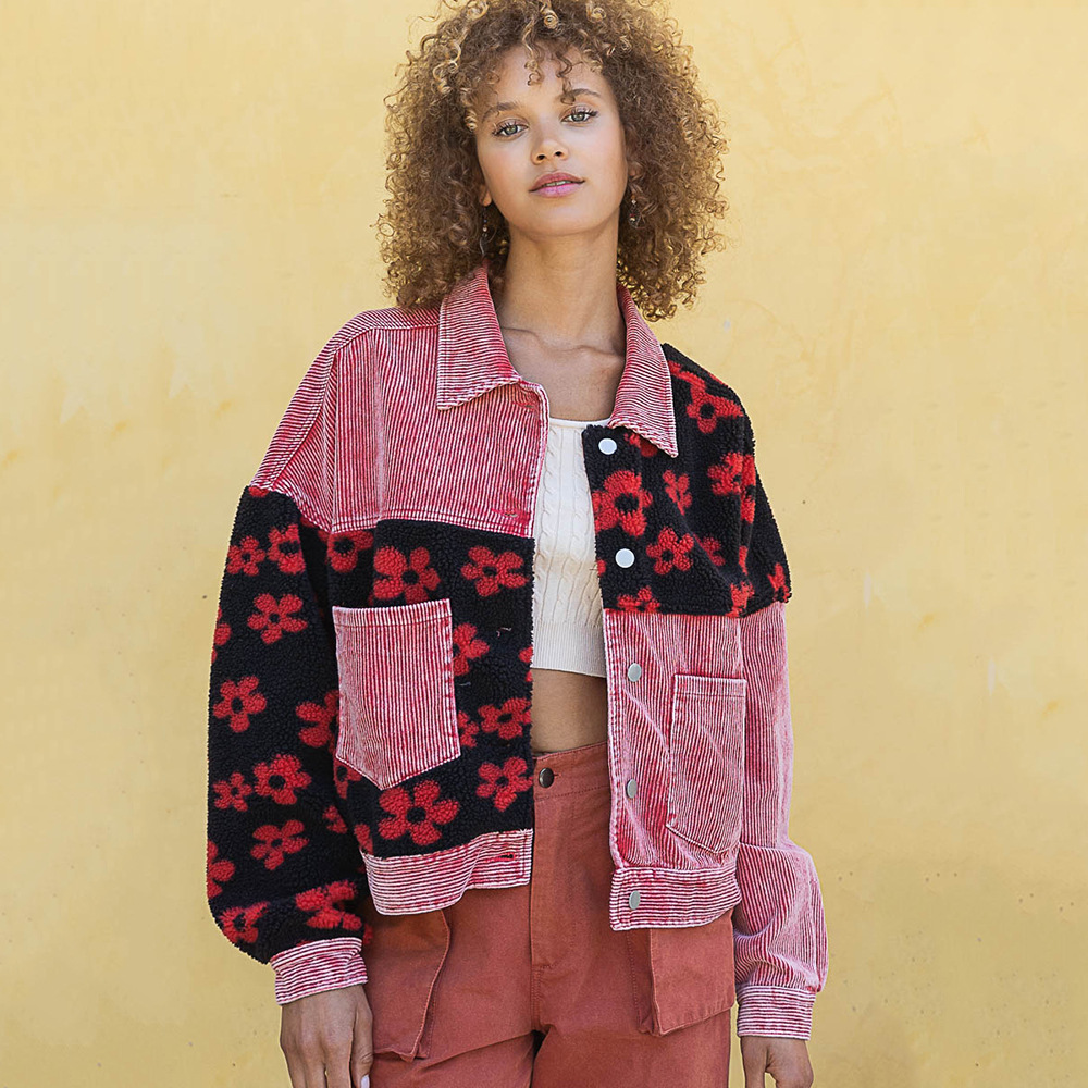 European and American cross-border women's clothing, retro and aged washed corduroy patchwork woolen coat, hip-hop fashion, chrysanthemum, Amazon Application Scenario