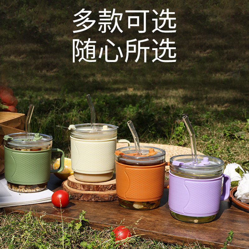 New personalized coffee cup, thickened glass cup, juice cup, lemon drink cup, handle straw cup, straw double-drinking cup details Picture