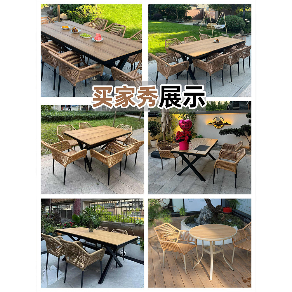 Outdoor tables and chairs, aluminum art leisure combination, indoor and outdoor wood-plastic tables, courtyard open-air platforms, garden villas, homestay leisure chairs Application Scenario