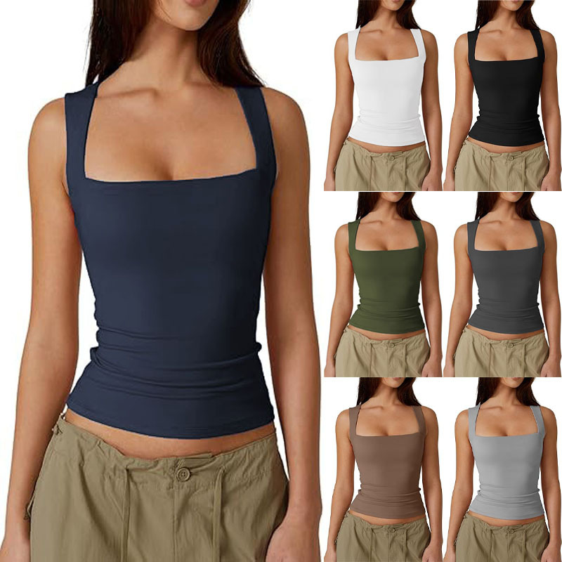 2025 European and American women's clothing Amazon short-sleeved street girl fashion square neck basic slimming sleeveless vest base full figure