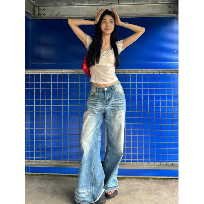 美式复古折痕水洗牛仔裤女早春秋季高腰拖地长裤宽松直筒阔腿裤子