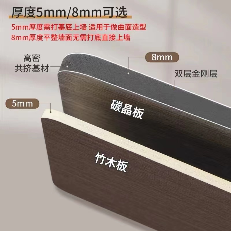 竹炭木金属板金属拉丝饰面板碳晶板镜面护墙板竹木纤维装饰木饰面细节图