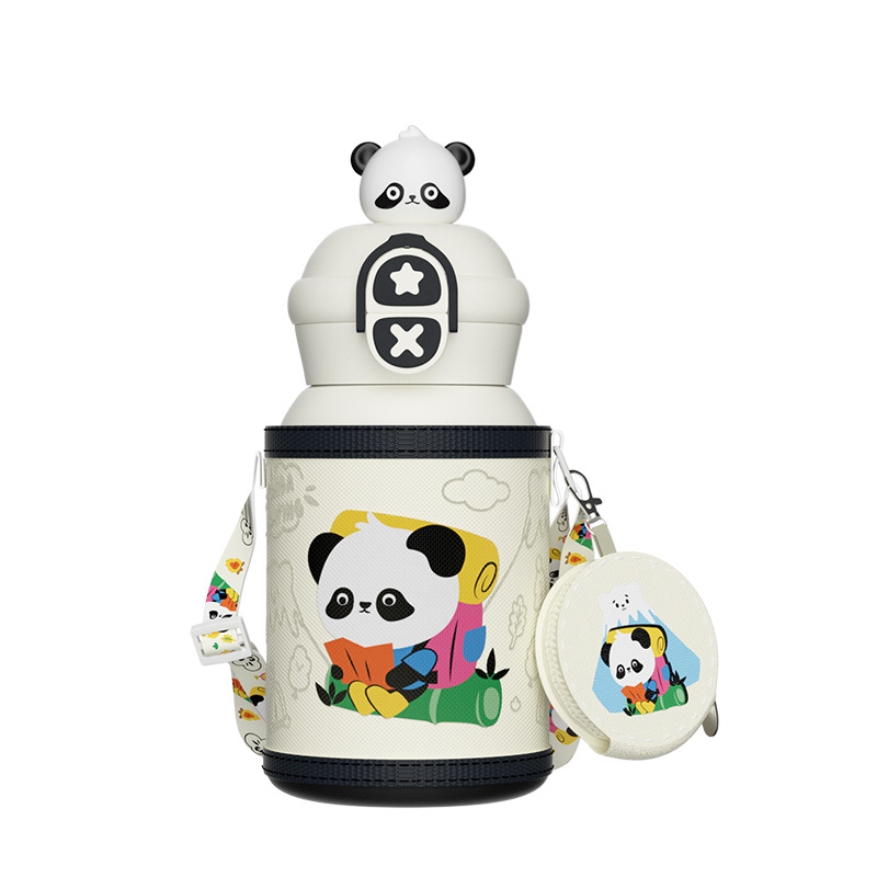 316L不锈钢儿童保温杯双饮杯可爱卡通男女学生有背带杯子厂家定制白底实物图