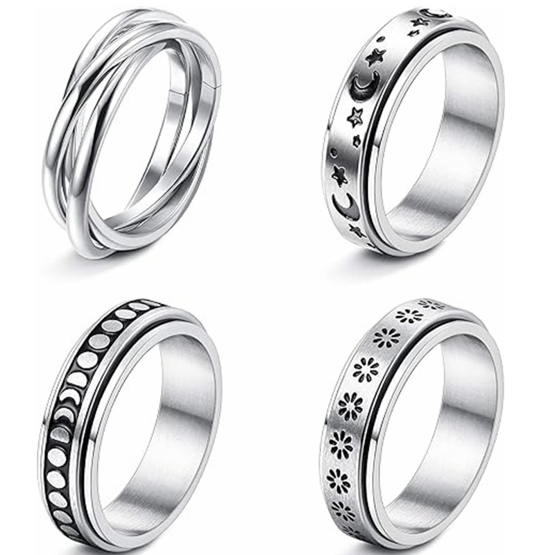 2026亚马逊TEMU希音热销可旋转减压戒指钛钢首饰套装情侣指环婚戒