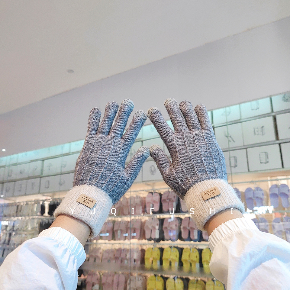 Ladies' knitted touch screen gloves for winter warmth, thickened Korean style color contrast, simple and fashionable, outdoor cycling touch screen full finger Application Scenario