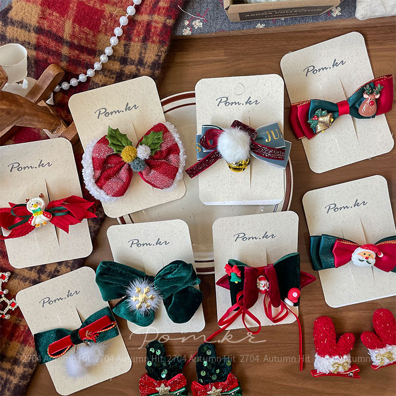 New Korean-style red fabric handcrafted hair clips, sweet Christmas style, children's bow, side broken hair bangs clips, Christmas red and green velvet hair clips, Santa Claus reindeer Holly decoration, festive and joyous girl's hair accessories Specification image