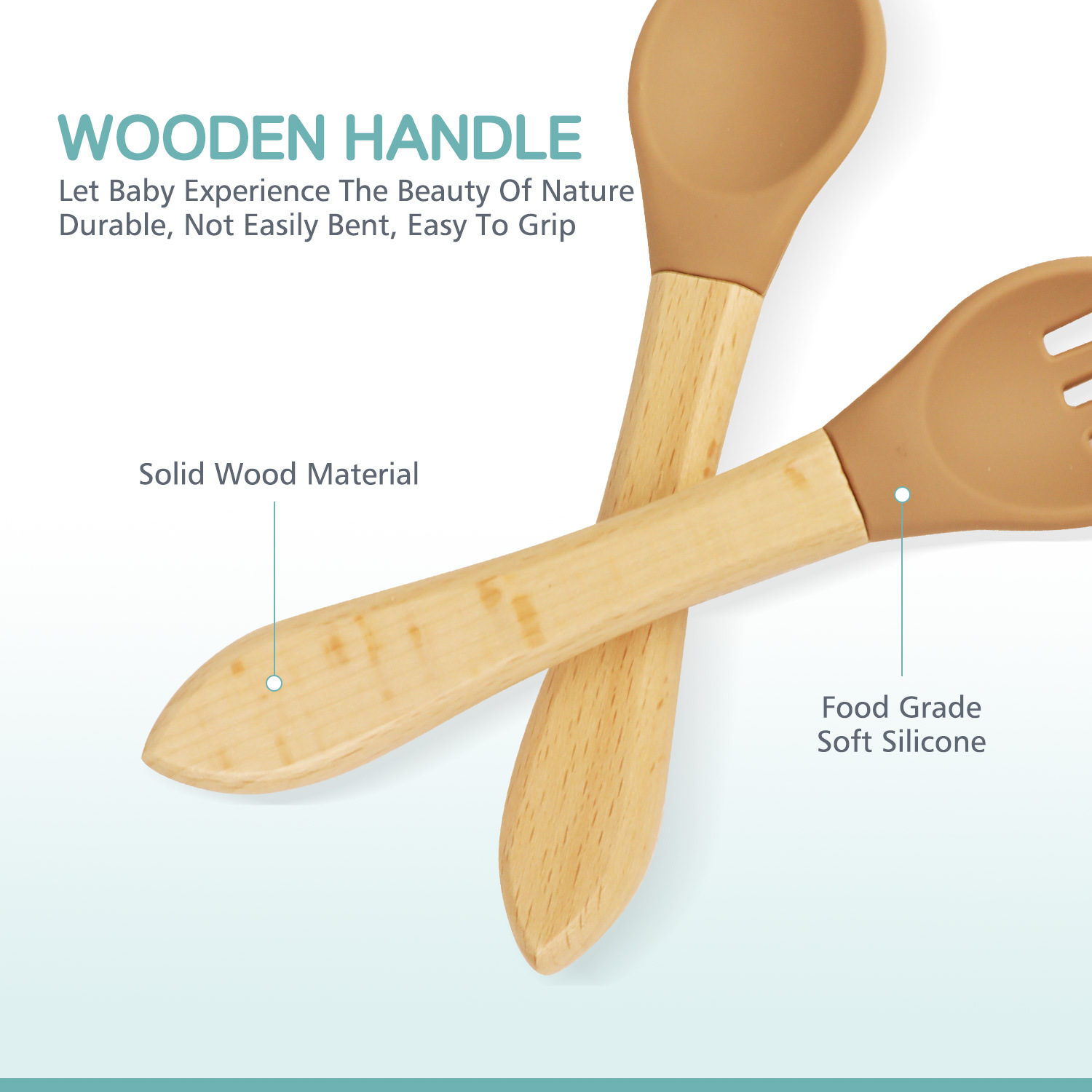 Baby wooden handle silicone spoon, newborn water feeding small spoon, children's tableware, soft spoon and fork set for complementary food, mother and baby products Application Scenario