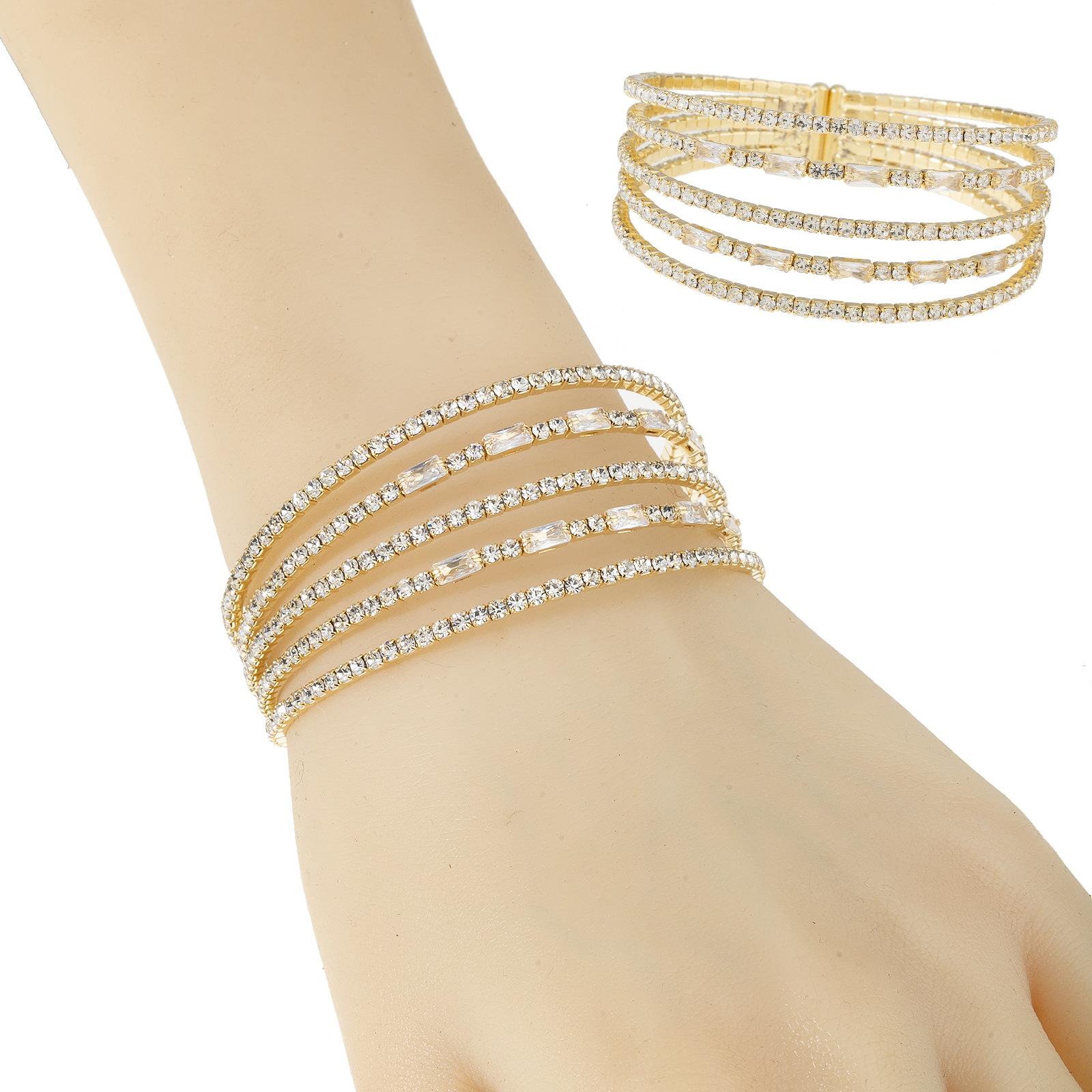 Factory direct sales cross-border trendy rhinestone zircon claw chain bracelet, steel wire elastic creative 5-row opening design, perfect for parties, banquets and daily wear full figure