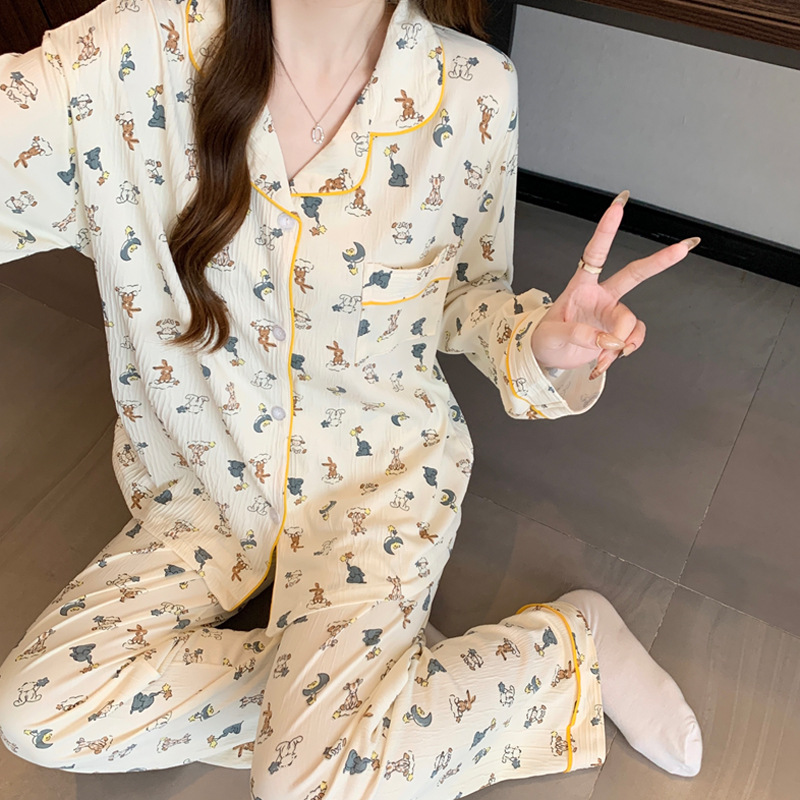 Fusheng (Real shot) Wrinkled Booker high-quality Spring and autumn cartoon cardigan women's pajamas casual set home wear Specification image
